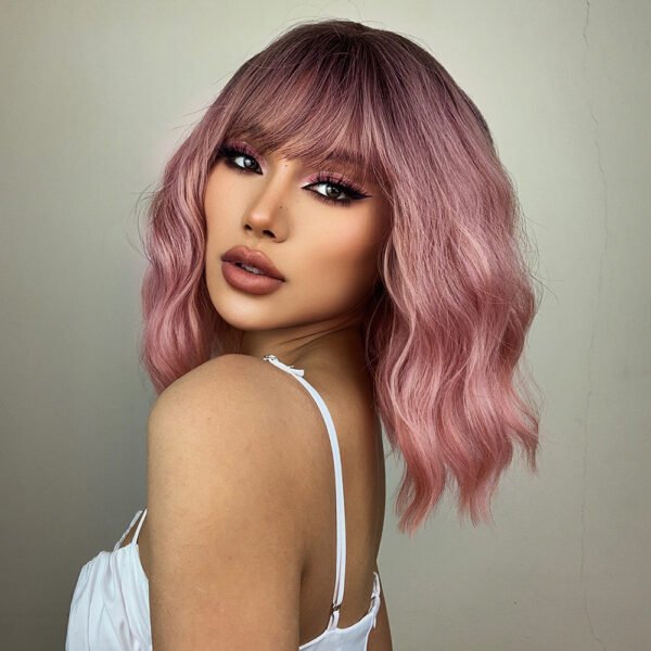 [Short Heat Resistant Curly Wigs] Gradient Pink Bob Wigs For Women Curly Wavy Wigs With Bangs Short Heat Resistant Synthetic Wigs For Party Costume Daily Wear Colorful Wigs Music Festival - Image 3