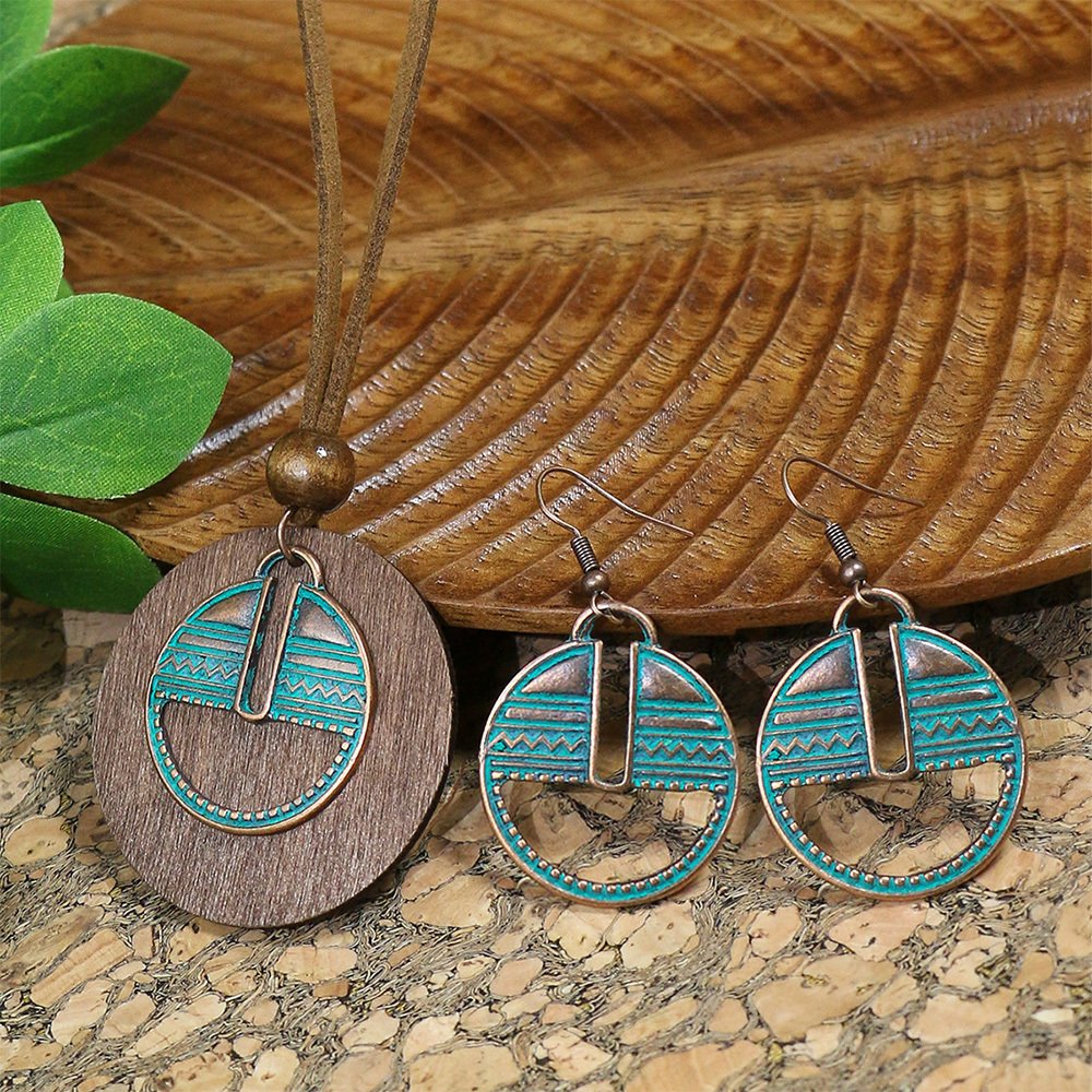 3pack Ancient Folk Wooden Round Plus Geometric Ancient Copper Layered Charm Earrings Necklace Set - Image 34