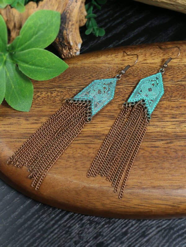 1 Pair Of Retro Style Bronze And Blue Geometric Chain Tassel Long Earrings Ethnic Style - Image 20