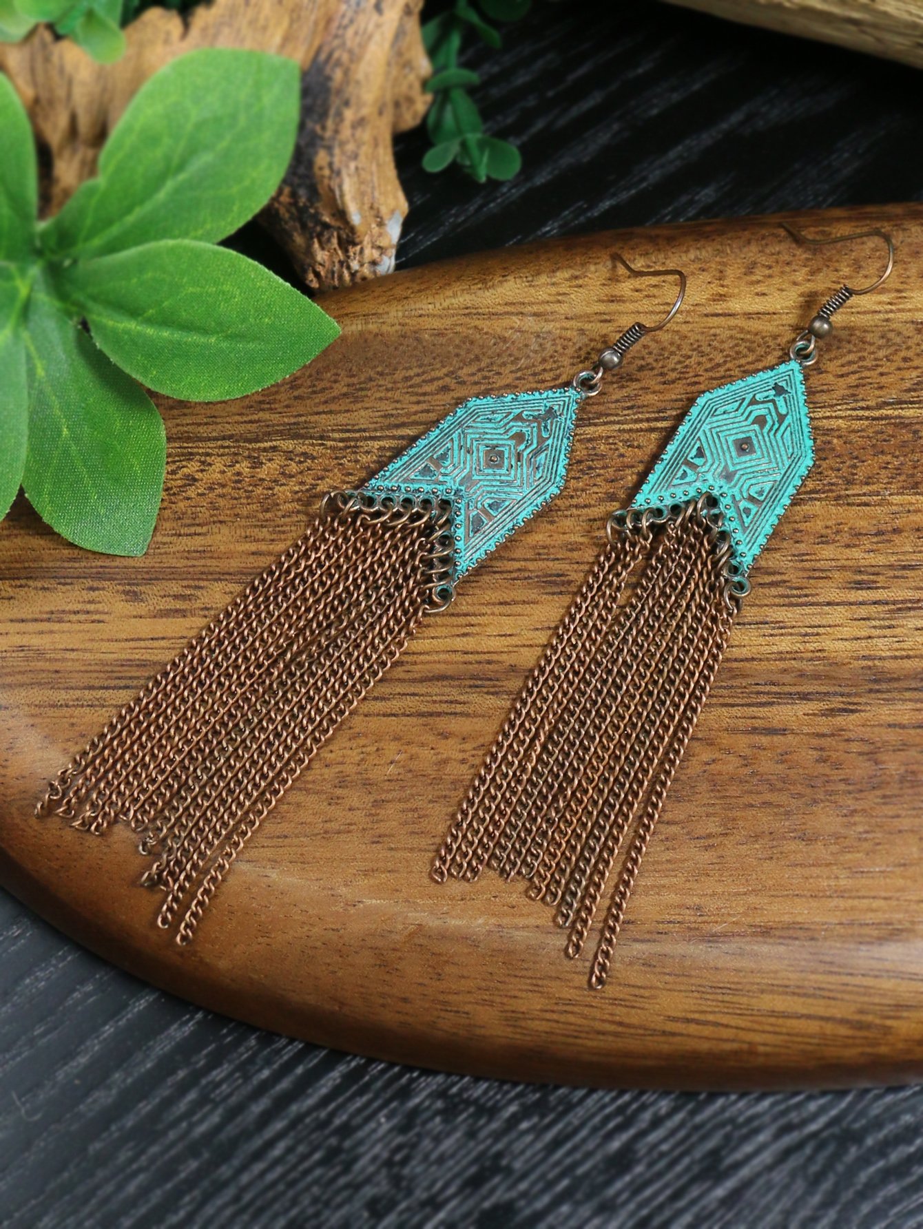 1 Pair Of Retro Style Bronze And Blue Geometric Chain Tassel Long Earrings Ethnic Style - Image 20