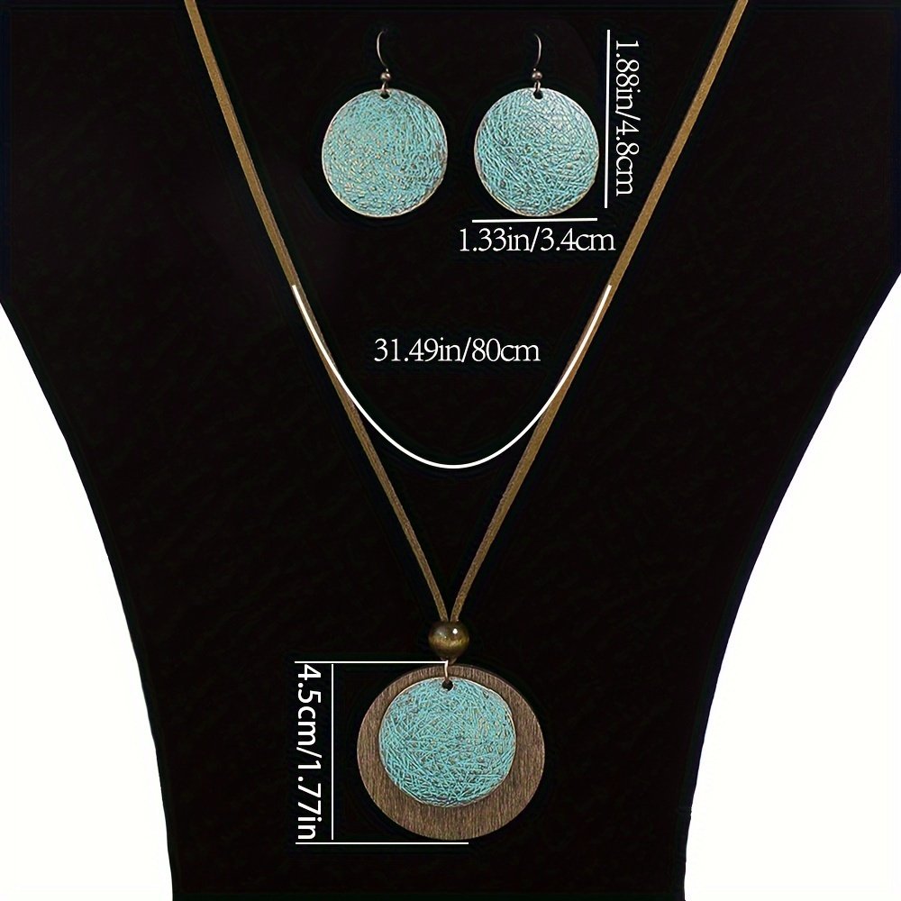 3pack Ancient Folk Wooden Round Plus Geometric Ancient Copper Layered Charm Earrings Necklace Set - Image 3