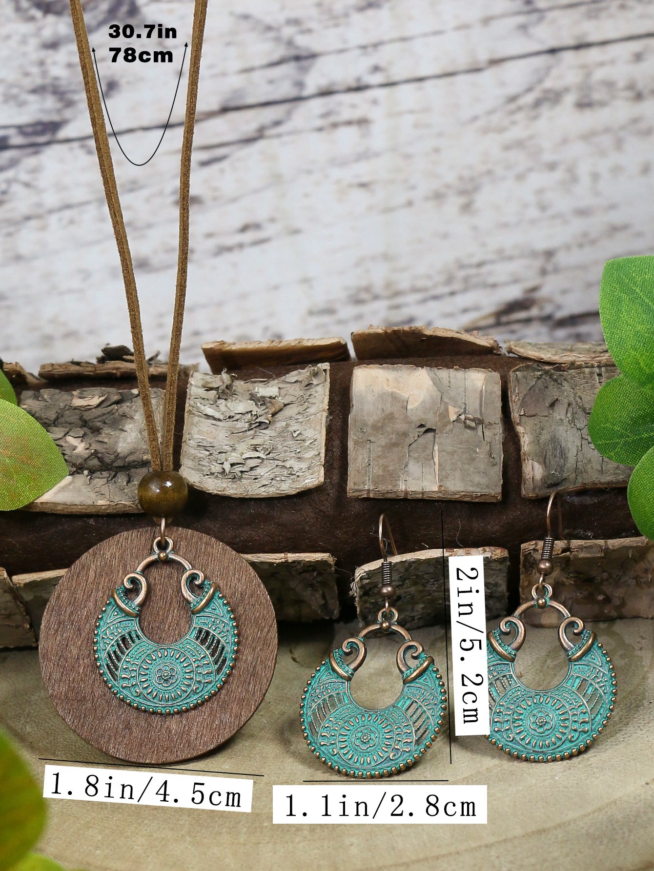 3pack Ancient Folk Wooden Round Plus Geometric Ancient Copper Layered Charm Earrings Necklace Set - Image 20