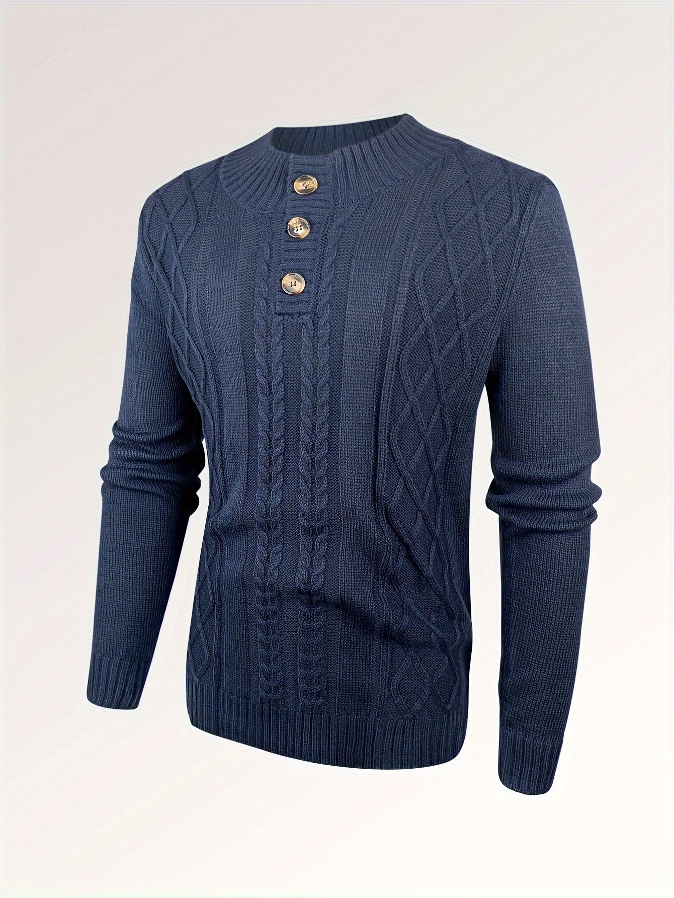 Cozy Men's Retro Long Sleeve Cable Knit Button Pullover Sweater for Winter - Image 3