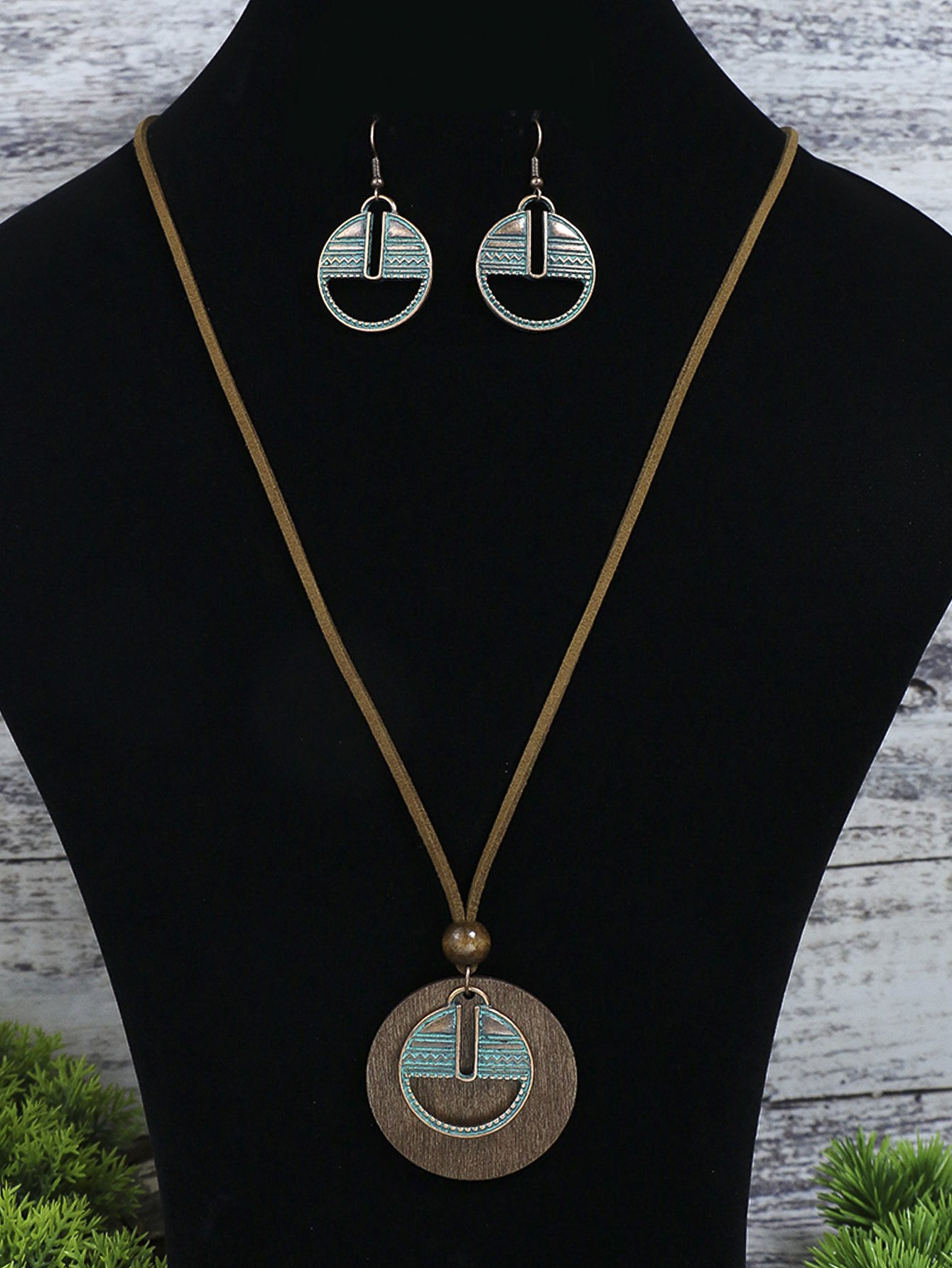 3pack Ancient Folk Wooden Round Plus Geometric Ancient Copper Layered Charm Earrings Necklace Set - Image 35