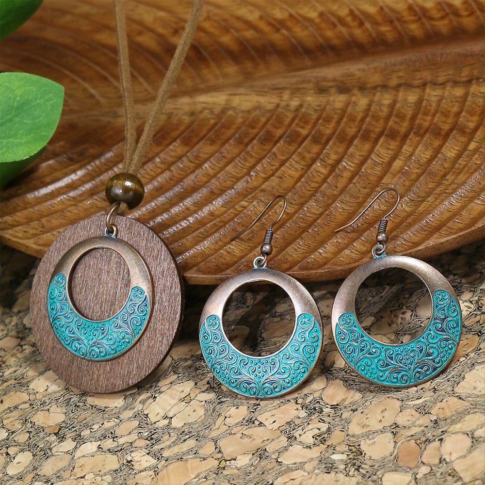 3pack Ancient Folk Wooden Round Plus Geometric Ancient Copper Layered Charm Earrings Necklace Set - Image 14
