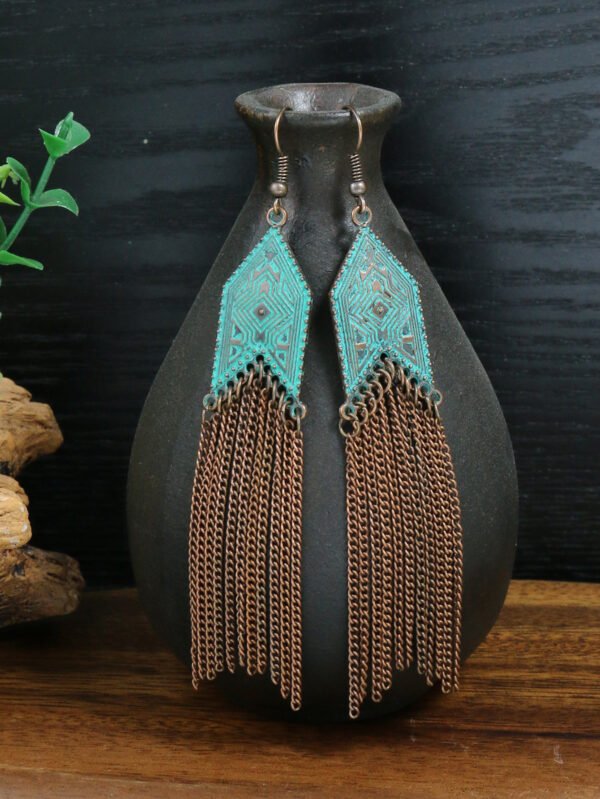 1 Pair Of Retro Style Bronze And Blue Geometric Chain Tassel Long Earrings Ethnic Style - Image 19