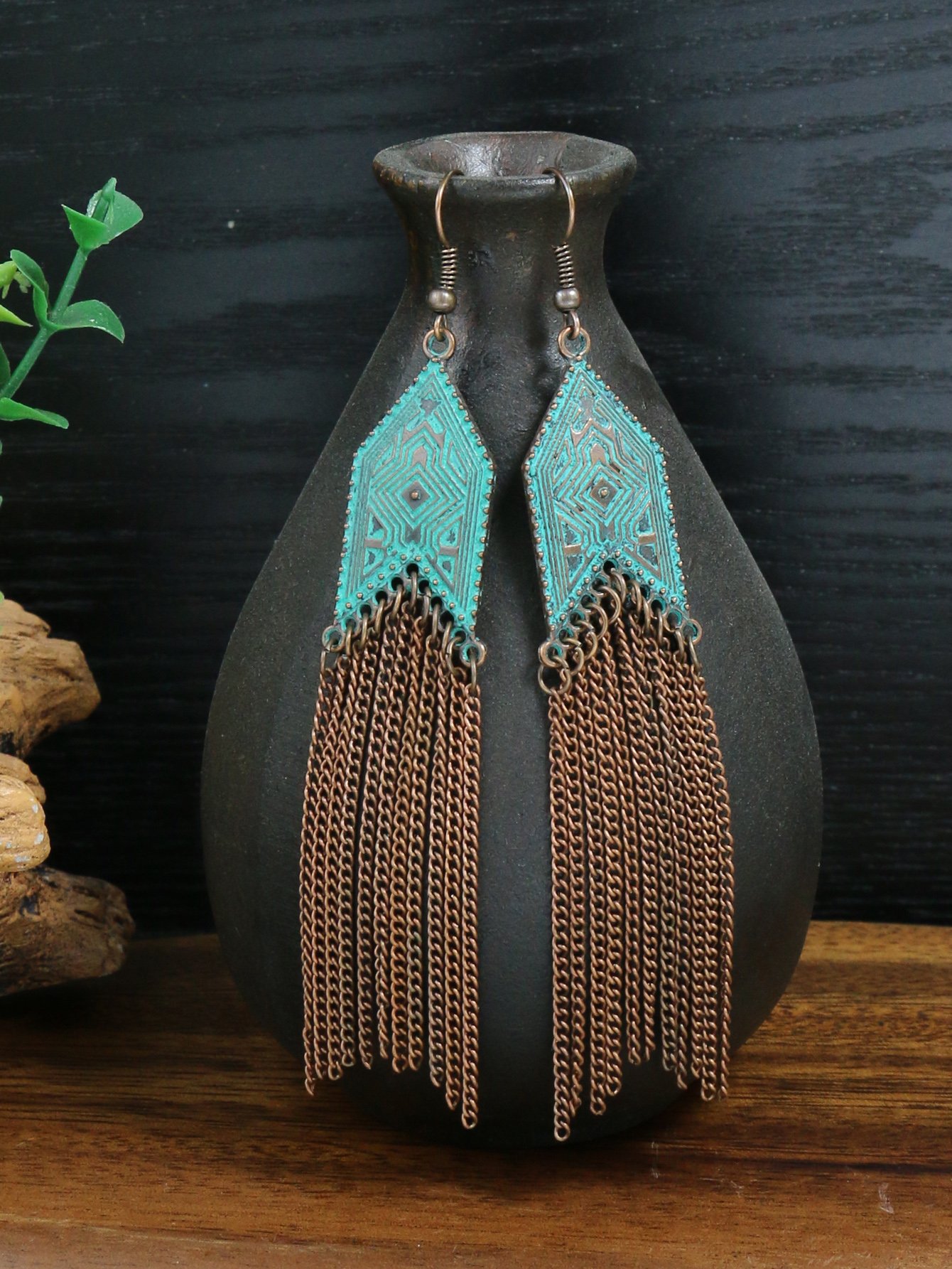 1 Pair Of Retro Style Bronze And Blue Geometric Chain Tassel Long Earrings Ethnic Style - Image 19