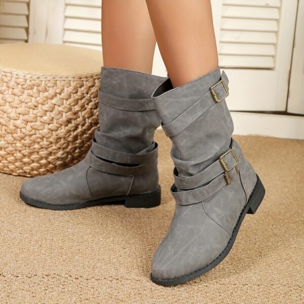 Ruched Buckle Decor Mid Calf Boots For Women, Solid Color Retro Women's Cowboy Boots, Western Short Boots - Image 9