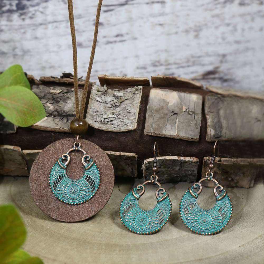 3pack Ancient Folk Wooden Round Plus Geometric Ancient Copper Layered Charm Earrings Necklace Set - Image 5
