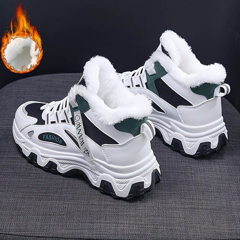 Chunky Color-block Thick Sole Sneakers - Women's Casual Plus Size Anti-slip Running Shoes with Warm Plush Lined - Image 2