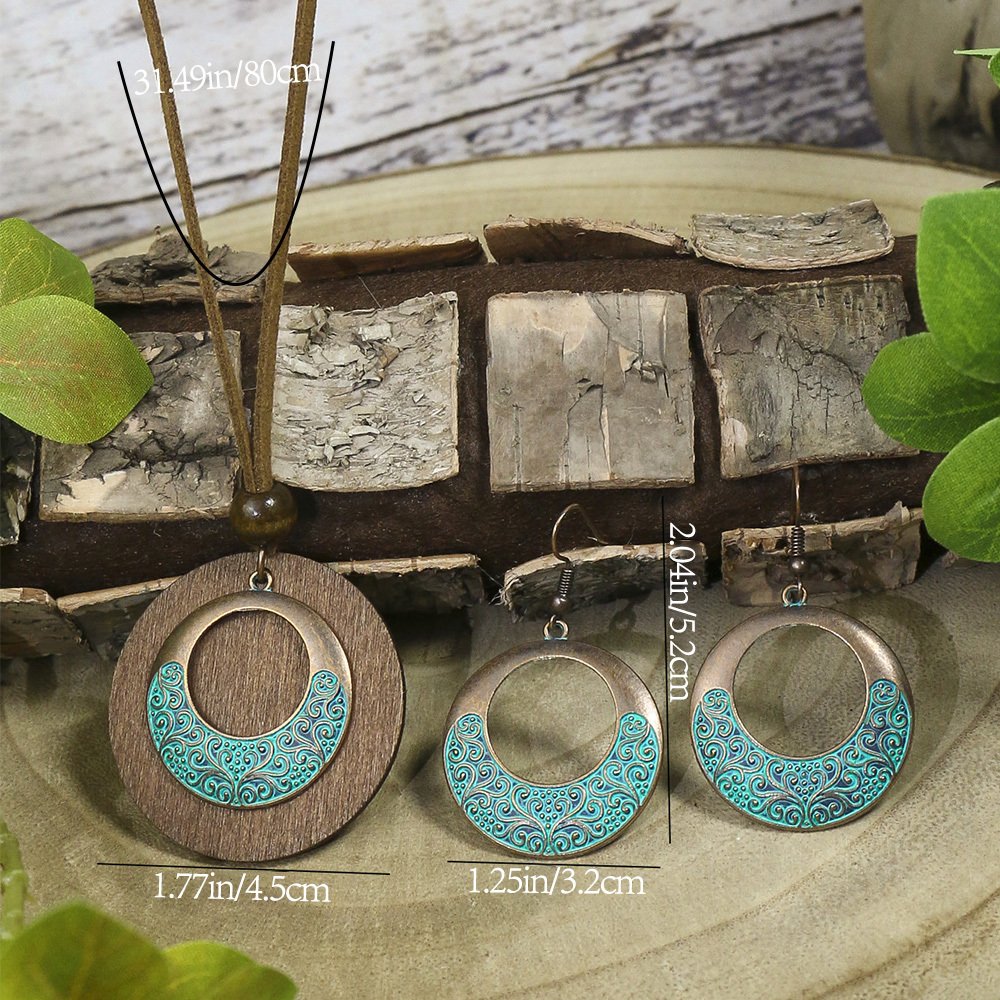 3pack Ancient Folk Wooden Round Plus Geometric Ancient Copper Layered Charm Earrings Necklace Set - Image 27