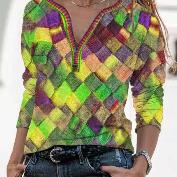 Vibrant Floral Print Long Sleeve V Neck Slim Fit T-Shirt - Soft Medium Stretch Polyester Fabric, Machine Washable, Casual Loose Style for Spring and Fall - Womens Fashion Tops - Image 13