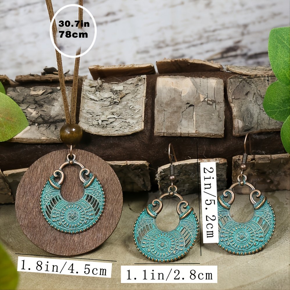 3pack Ancient Folk Wooden Round Plus Geometric Ancient Copper Layered Charm Earrings Necklace Set - Image 6