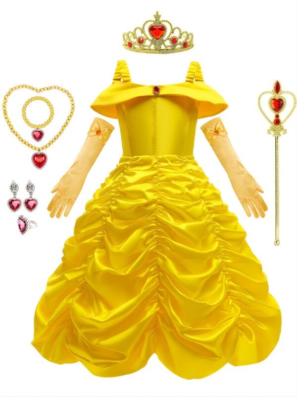 Princess Dress Costume Set for Girls with Crown, Necklace, Ring Jewelry Accessories - Image 2