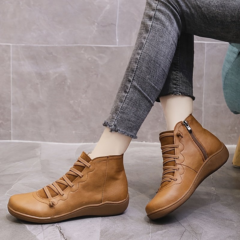 Women's Flat Lace Up High Top Boots, Solid Color Comfortable Zipper Flat Sneakers, Women's Footwear - Image 2