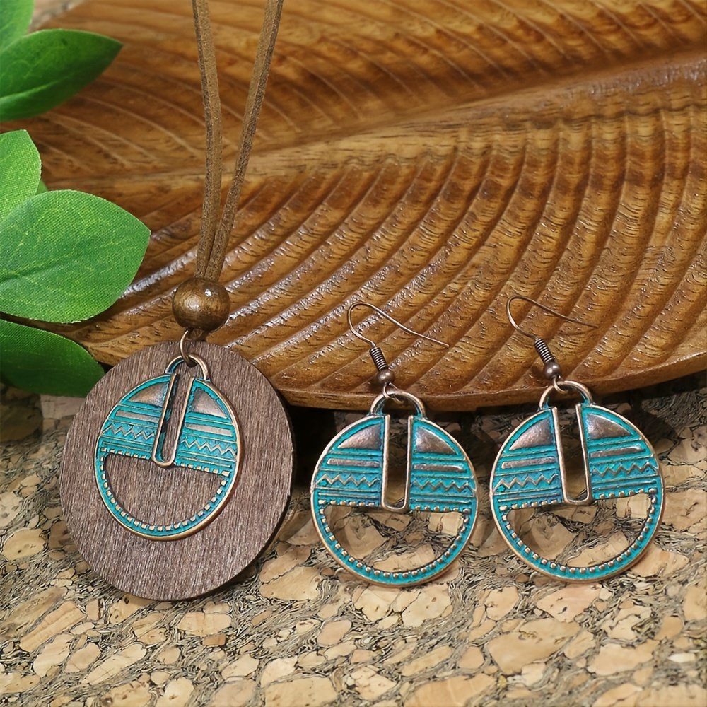 3pack Ancient Folk Wooden Round Plus Geometric Ancient Copper Layered Charm Earrings Necklace Set - Image 8