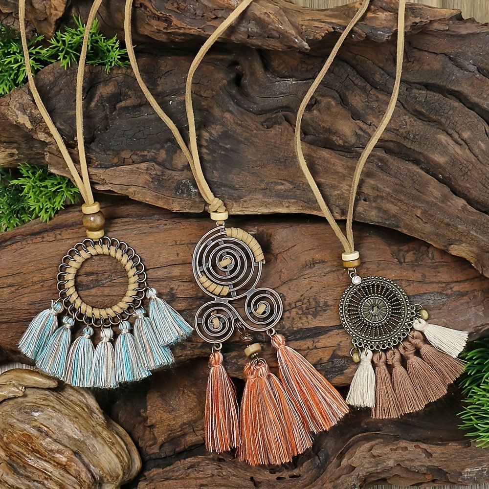 3pcs Boho Ethnic Long Sundry Colors Tassel Pendant Necklaces For Women Retro Rhinestone Drip Oil Alloy Necklace - Image 14