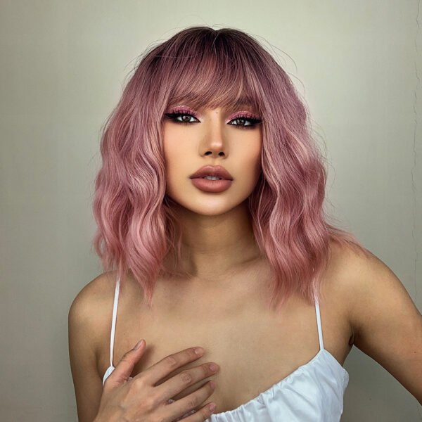 [Short Heat Resistant Curly Wigs] Gradient Pink Bob Wigs For Women Curly Wavy Wigs With Bangs Short Heat Resistant Synthetic Wigs For Party Costume Daily Wear Colorful Wigs Music Festival - Image 6