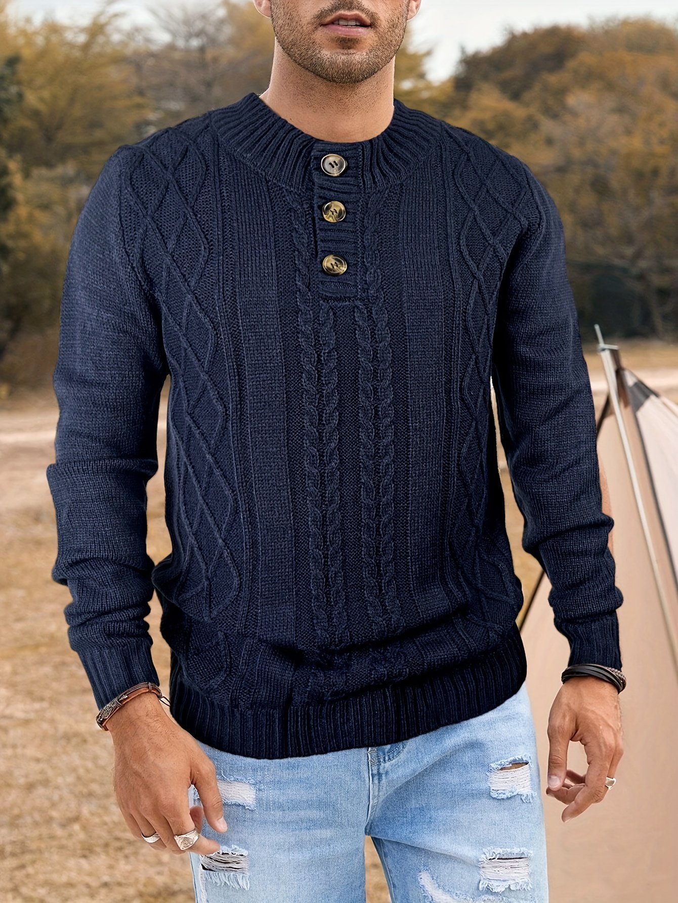 Cozy Men's Retro Long Sleeve Cable Knit Button Pullover Sweater for Winter - Image 7