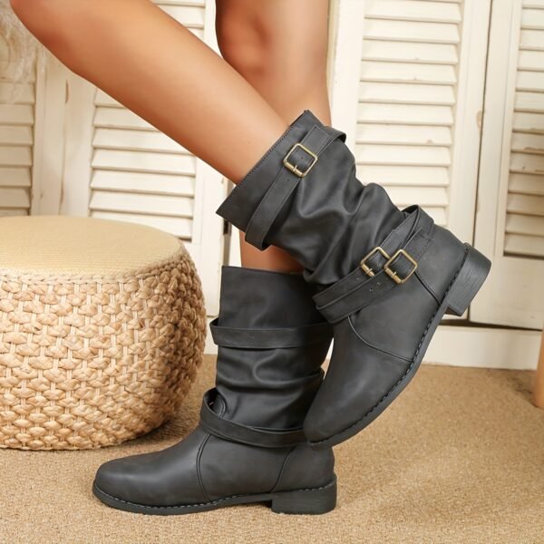Ruched Buckle Decor Mid Calf Boots For Women, Solid Color Retro Women's Cowboy Boots, Western Short Boots - Image 8