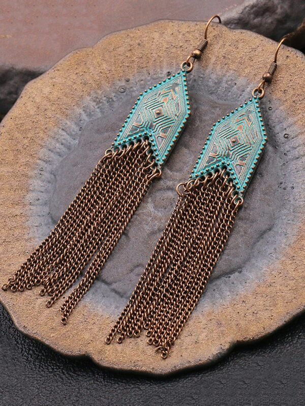 1 Pair Of Retro Style Bronze And Blue Geometric Chain Tassel Long Earrings Ethnic Style - Image 17