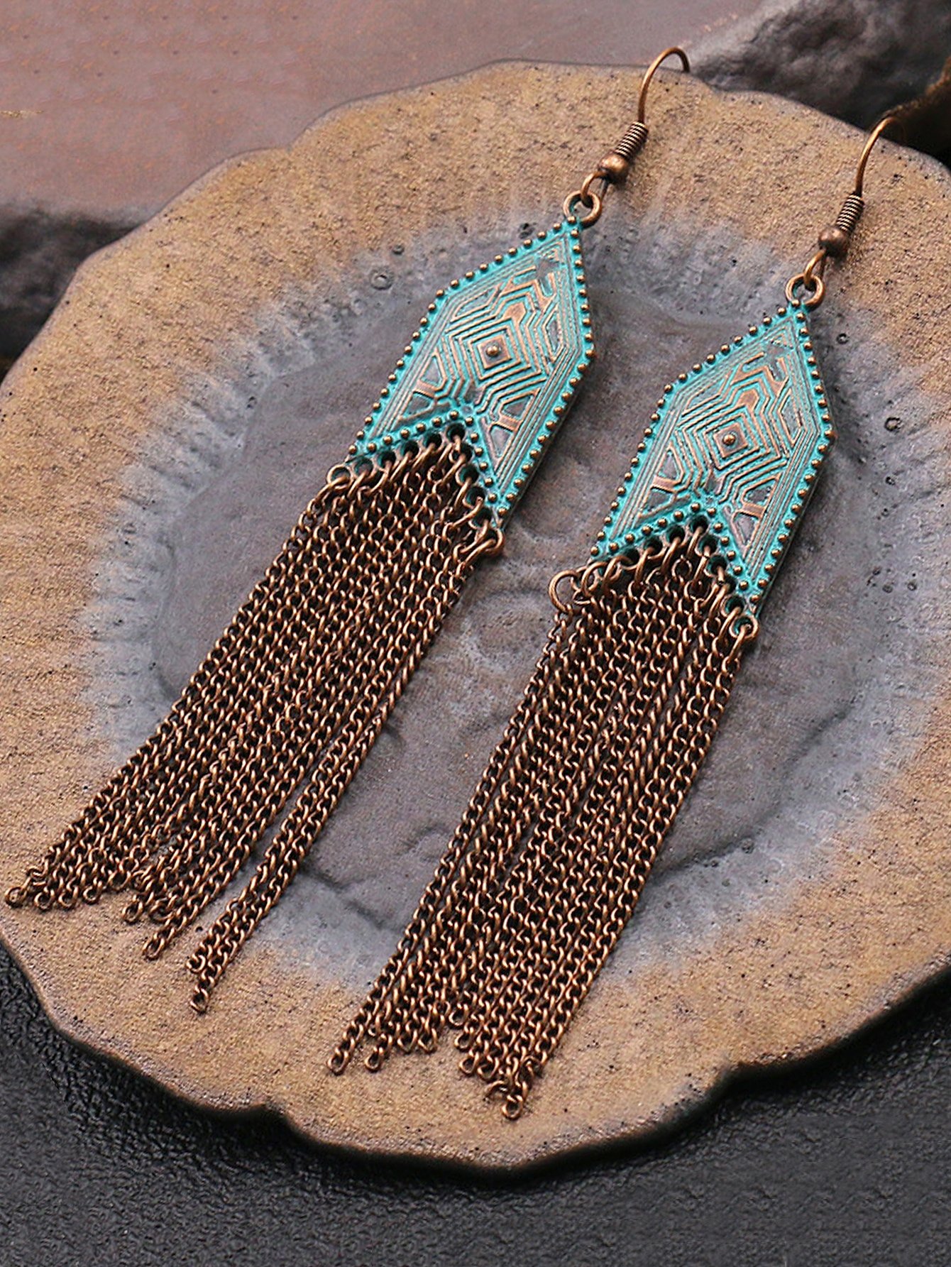 1 Pair Of Retro Style Bronze And Blue Geometric Chain Tassel Long Earrings Ethnic Style - Image 17
