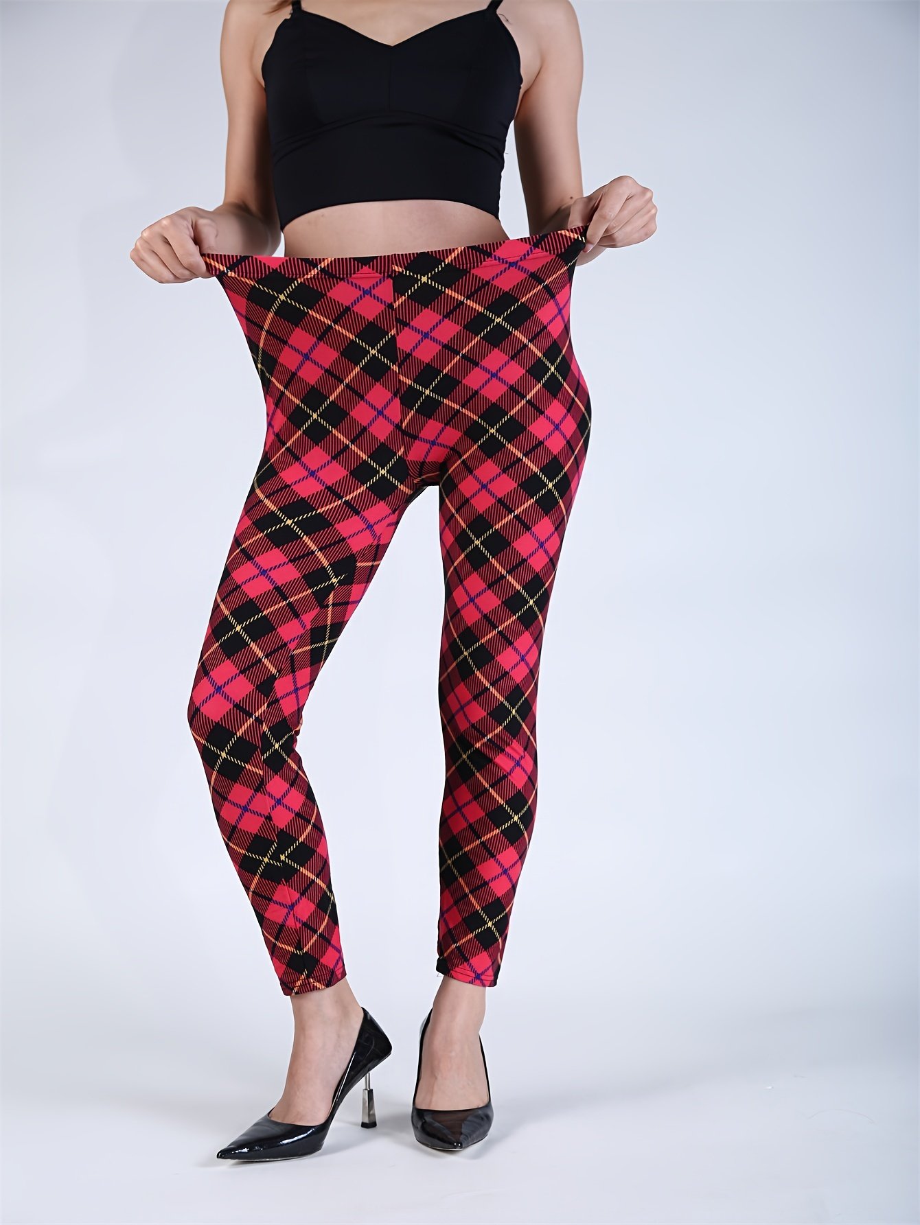 Sexy Plaid Print Leggings, Casual High Waist Elastic Fashion Bottoms Slim Leggings, Women's Clothing - Image 4