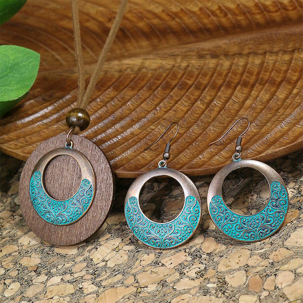 3pack Ancient Folk Wooden Round Plus Geometric Ancient Copper Layered Charm Earrings Necklace Set - Image 24
