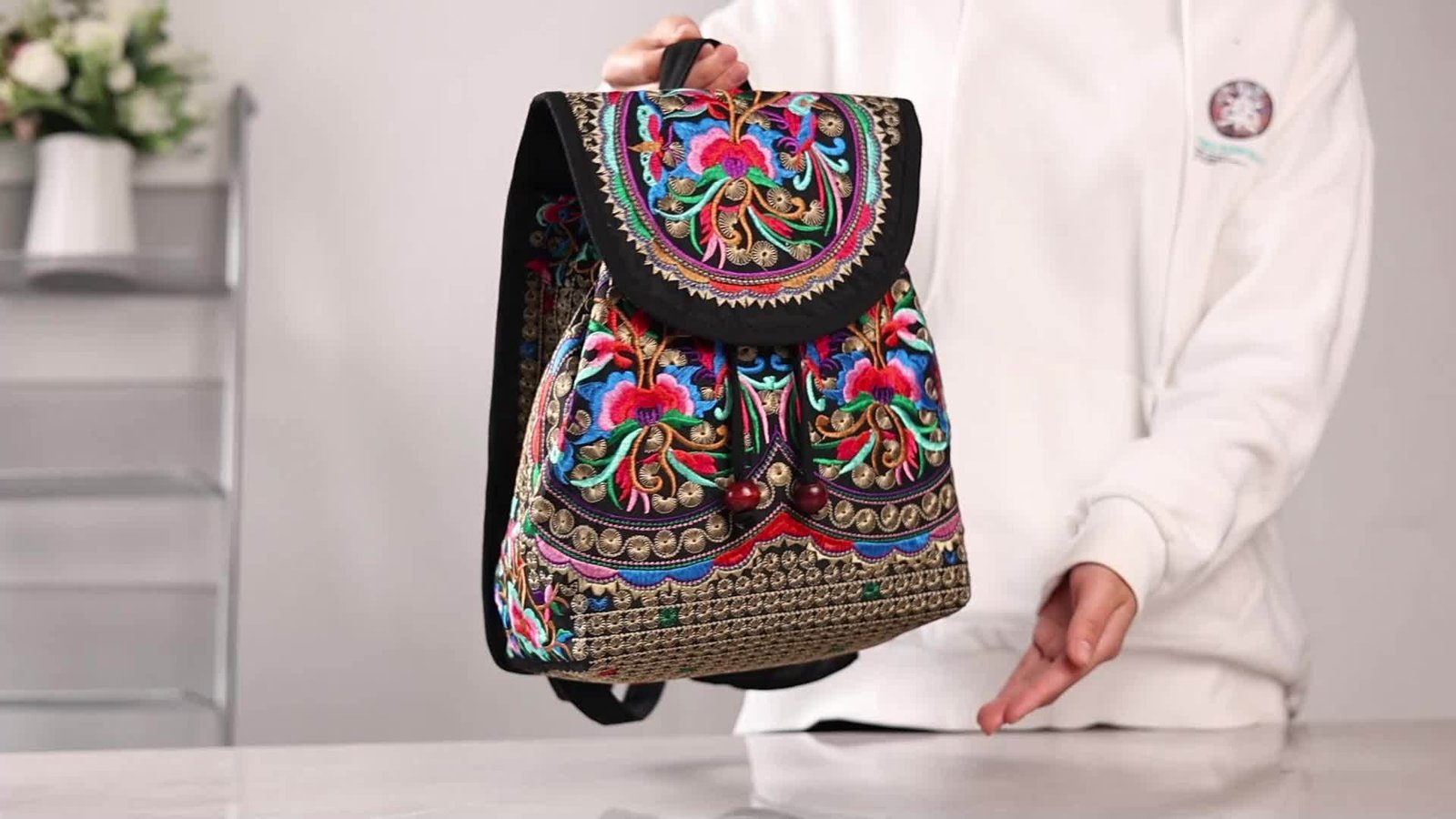 Vibrant Floral Embroidered Canvas Backpack - Stylish Women's Trendy Bookbag with Fashion Flap, Multiple Compartments, and Durable Construction for Travel, School, and Daily Use - Image 11