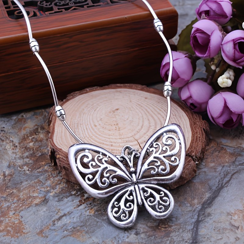 Vintage Ethnic Charm Butterfly Pendant Necklace - Intricate Geometric Carvings, Hollow Design, Ethereal Beauty for Everyday Glam - Image 8