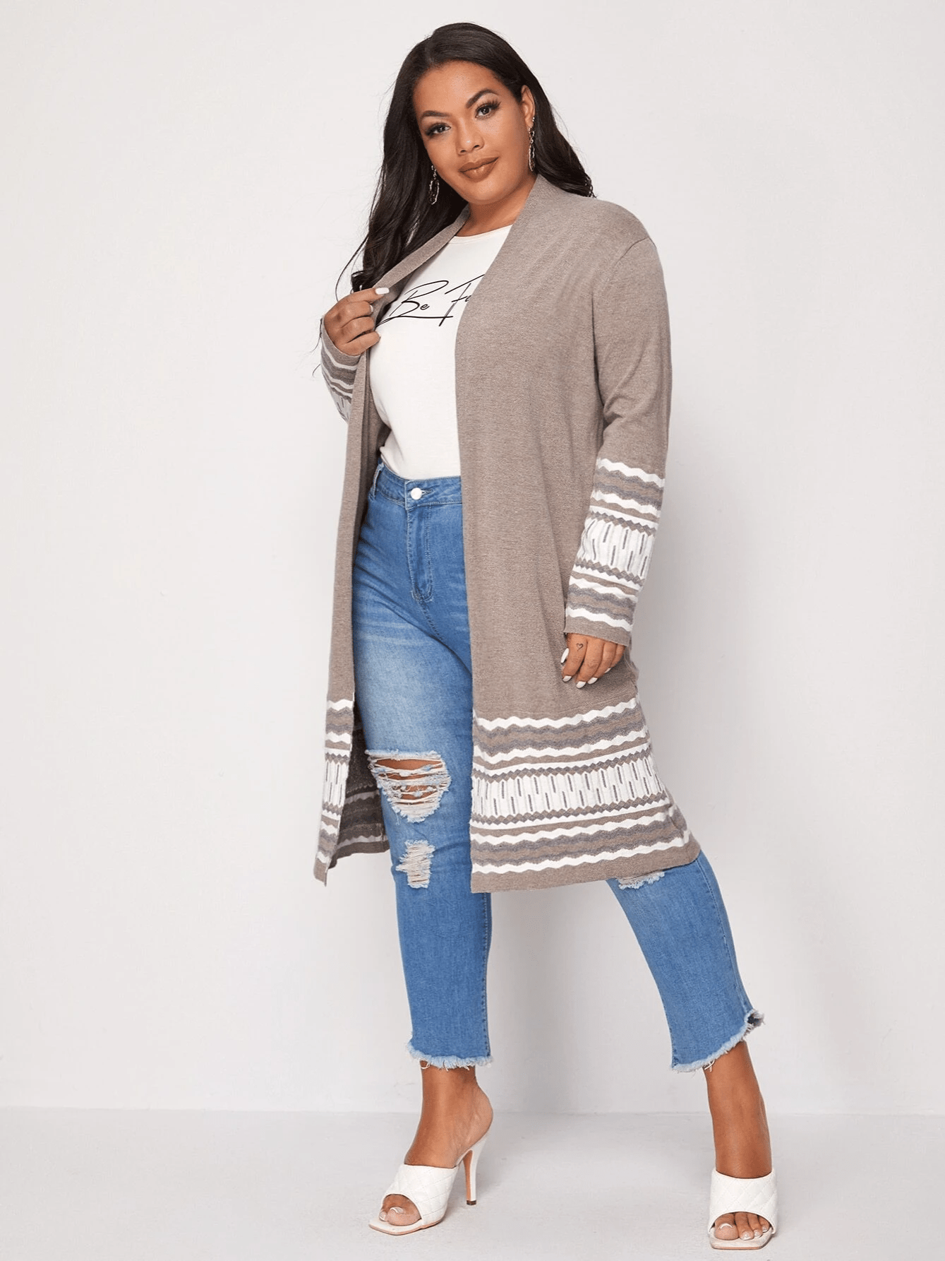 Women's Plus Size Long Casual Colorblock Knit High Stretch Sweater Cardigan - Image 10