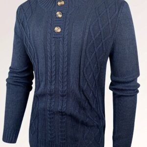 Cozy Men's Retro Long Sleeve Cable Knit Button Pullover Sweater for Winter