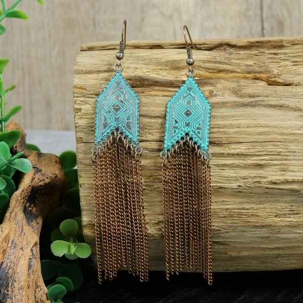 1 Pair Of Retro Style Bronze And Blue Geometric Chain Tassel Long Earrings Ethnic Style - Image 11