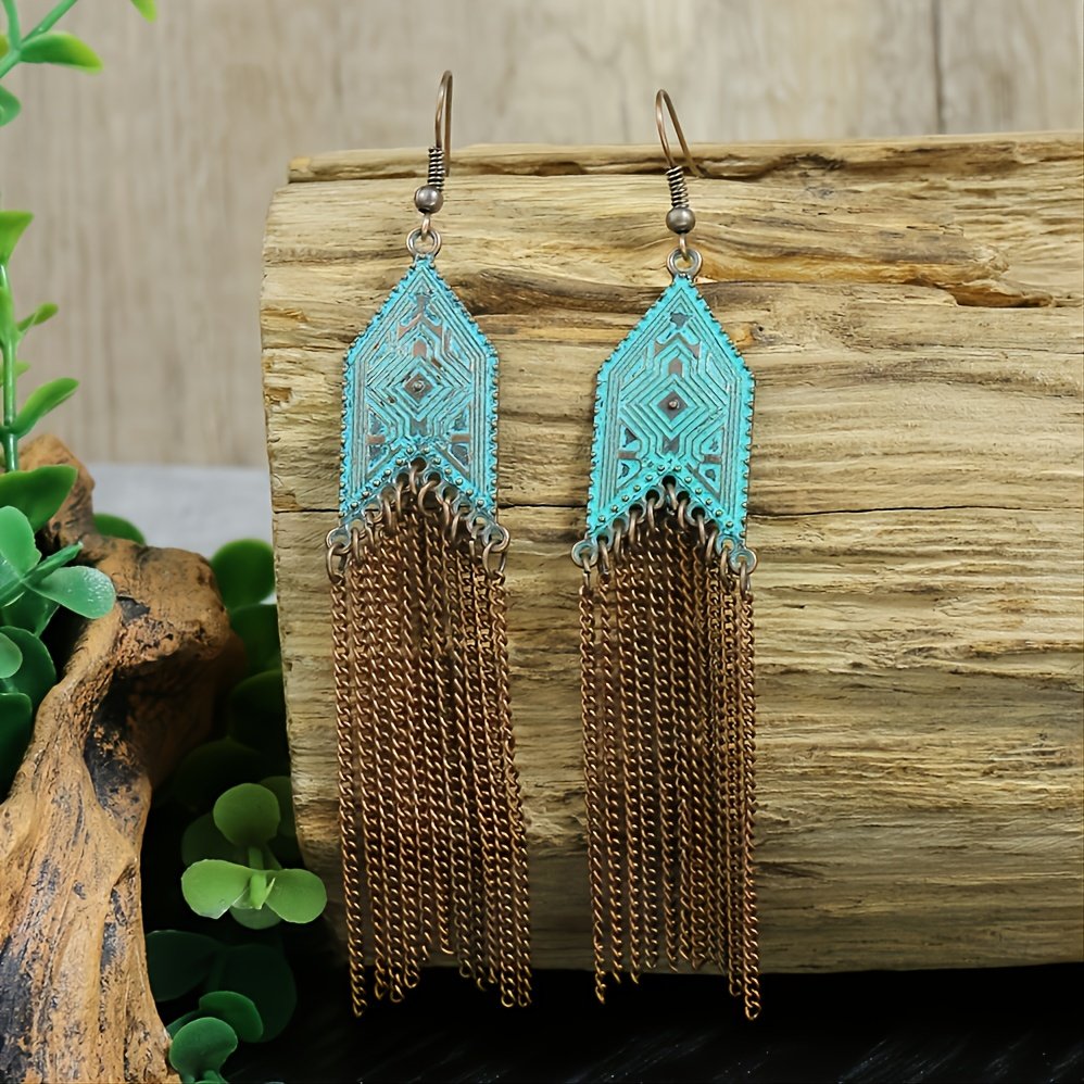 1 Pair Of Retro Style Bronze And Blue Geometric Chain Tassel Long Earrings Ethnic Style - Image 11