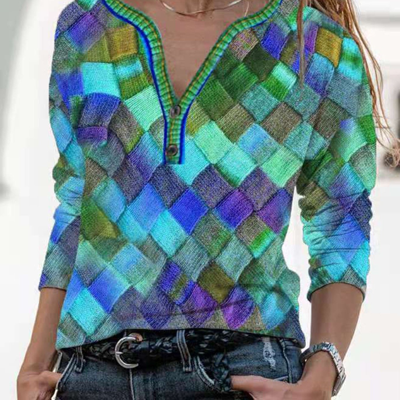 Vibrant Floral Print Long Sleeve V Neck Slim Fit T-Shirt - Soft Medium Stretch Polyester Fabric, Machine Washable, Casual Loose Style for Spring and Fall - Womens Fashion Tops - Image 12