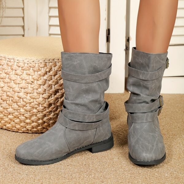 Ruched Buckle Decor Mid Calf Boots For Women, Solid Color Retro Women's Cowboy Boots, Western Short Boots - Image 10
