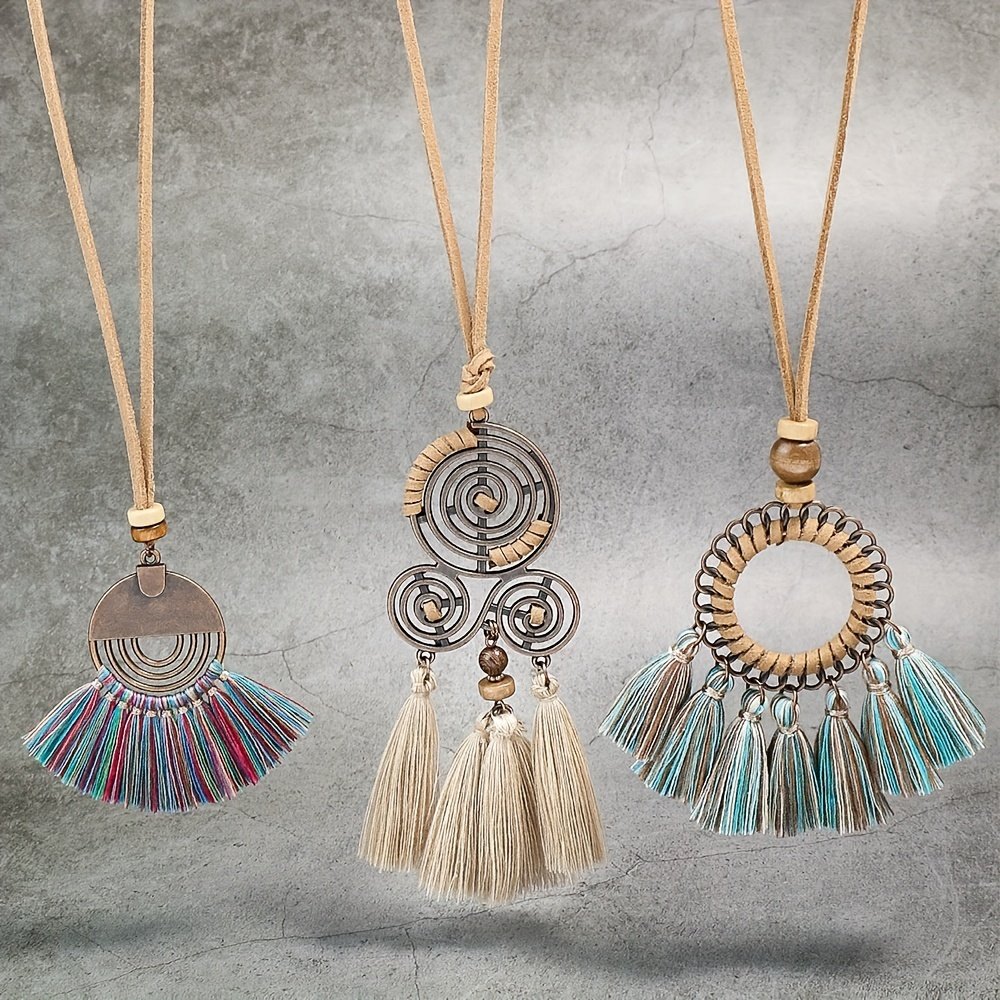 3pcs Boho Ethnic Long Sundry Colors Tassel Pendant Necklaces For Women Retro Rhinestone Drip Oil Alloy Necklace - Image 16