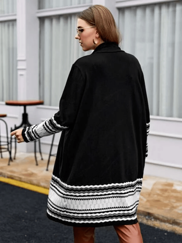 Women's Plus Size Long Casual Colorblock Knit High Stretch Sweater Cardigan - Image 16