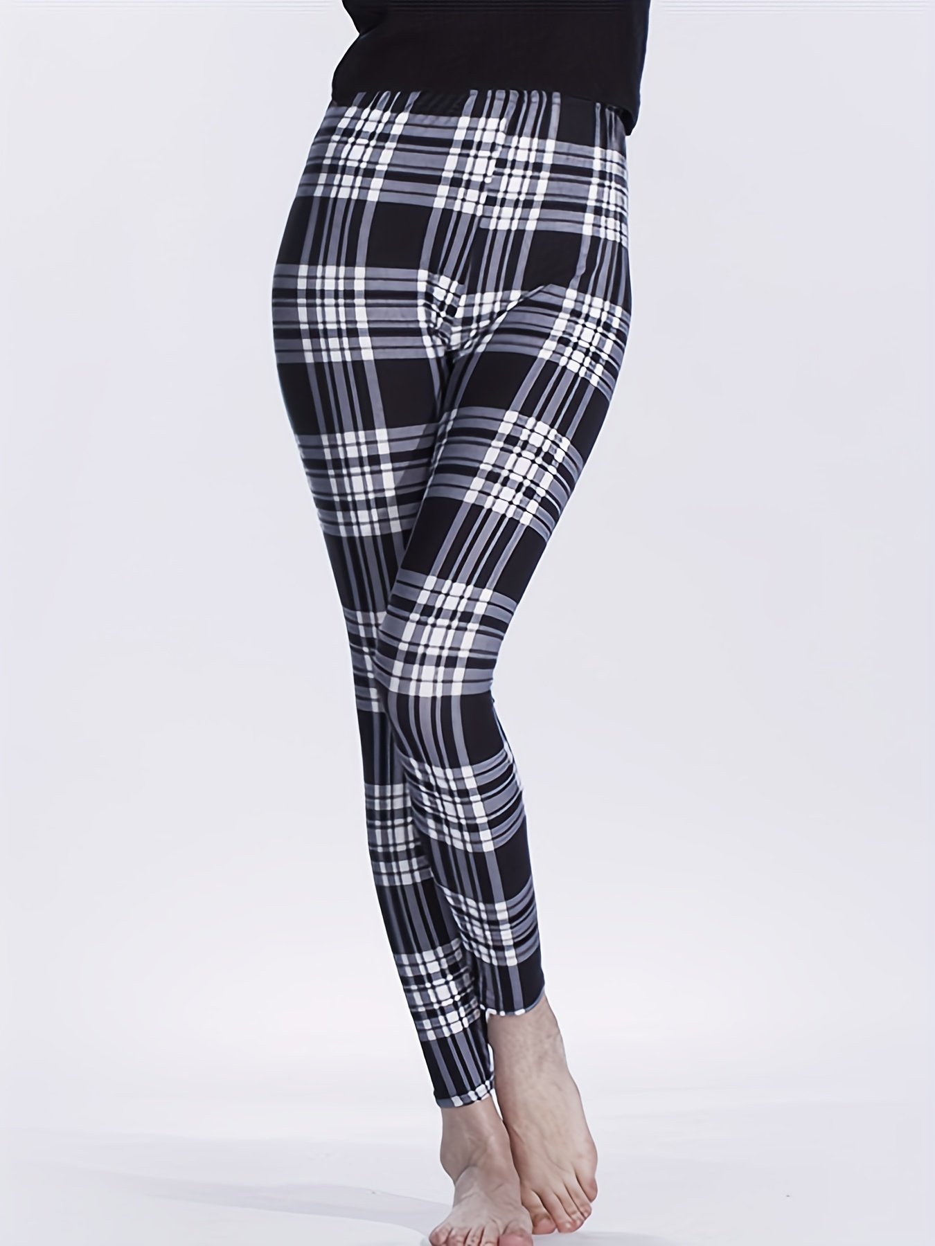 Sexy Plaid Print Leggings, Casual High Waist Elastic Fashion Bottoms Slim Leggings, Women's Clothing - Image 2