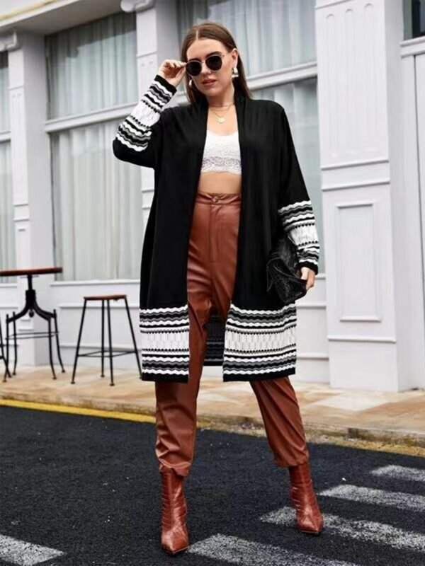 Women's Plus Size Long Casual Colorblock Knit High Stretch Sweater Cardigan - Image 2