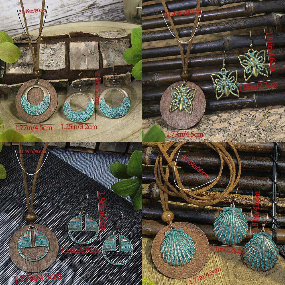 3pack Ancient Folk Wooden Round Plus Geometric Ancient Copper Layered Charm Earrings Necklace Set - Image 38