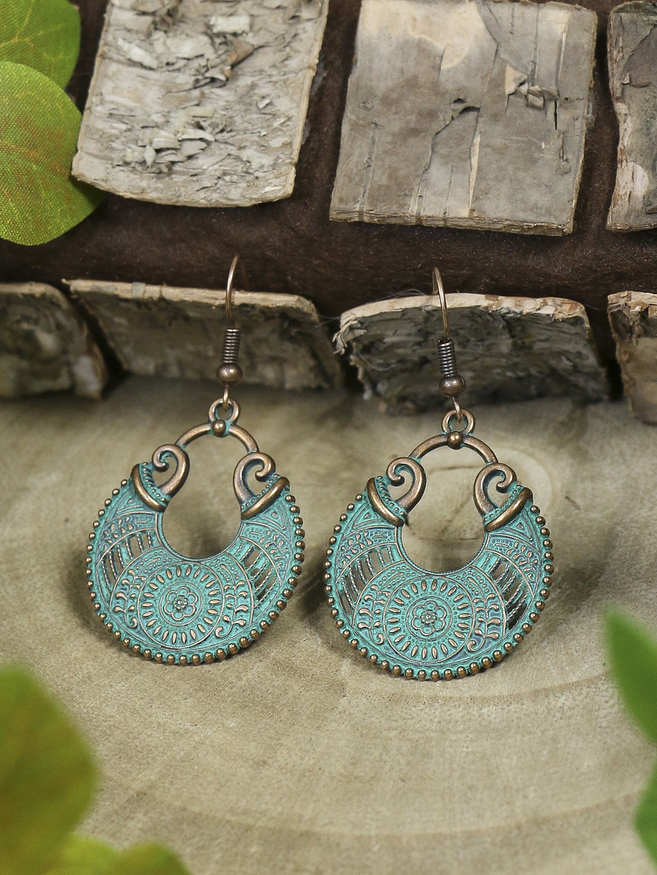 3pack Ancient Folk Wooden Round Plus Geometric Ancient Copper Layered Charm Earrings Necklace Set - Image 23