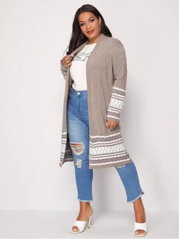 Women's Plus Size Long Casual Colorblock Knit High Stretch Sweater Cardigan - Image 5