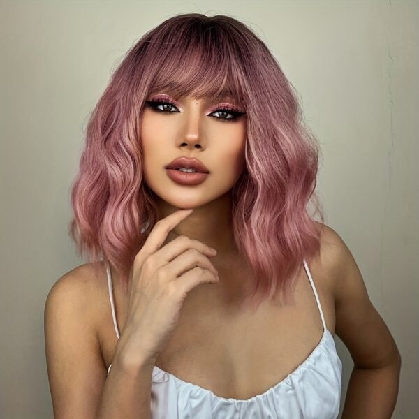 [Short Heat Resistant Curly Wigs] Gradient Pink Bob Wigs For Women Curly Wavy Wigs With Bangs Short Heat Resistant Synthetic Wigs For Party Costume Daily Wear Colorful Wigs Music Festival - Image 4
