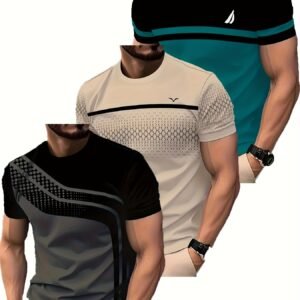 3pcs Men'S Fashion Casual Striped Print Short Sleeve T-Shirts, Summer Crew Neck Quick-Dry Breathable Sports Tee-Shirts, Novelty Shirts