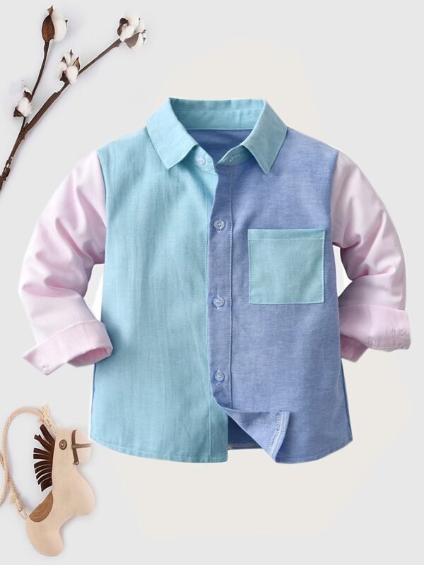 Stylish Boys' Color Block Long Sleeve Button Down Shirt - Casual Lapel Design, Breathable Fabric, Relaxed Fit, Perfect for School, Party, or Everyday Wear - Image 3