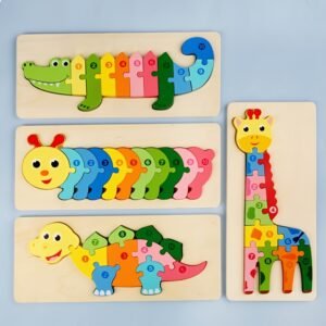 Rectangle Puzzle, Wooden Puzzle For Children, Animals Puzzles Dinosaur Crocodile Caterpillar Giraffe, Colorful Wood Numbered Puzzles Kid Preschool Learning Educational Toys