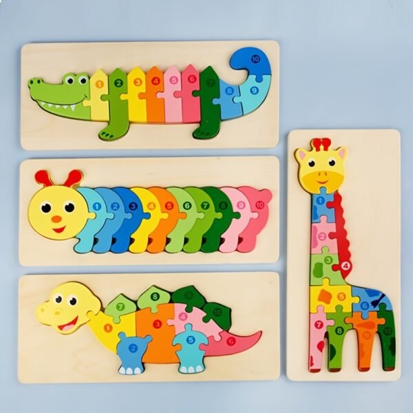 Rectangle Puzzle, Wooden Puzzle For Children, Animals Puzzles Dinosaur Crocodile Caterpillar Giraffe, Colorful Wood Numbered Puzzles Kid Preschool Learning Educational Toys