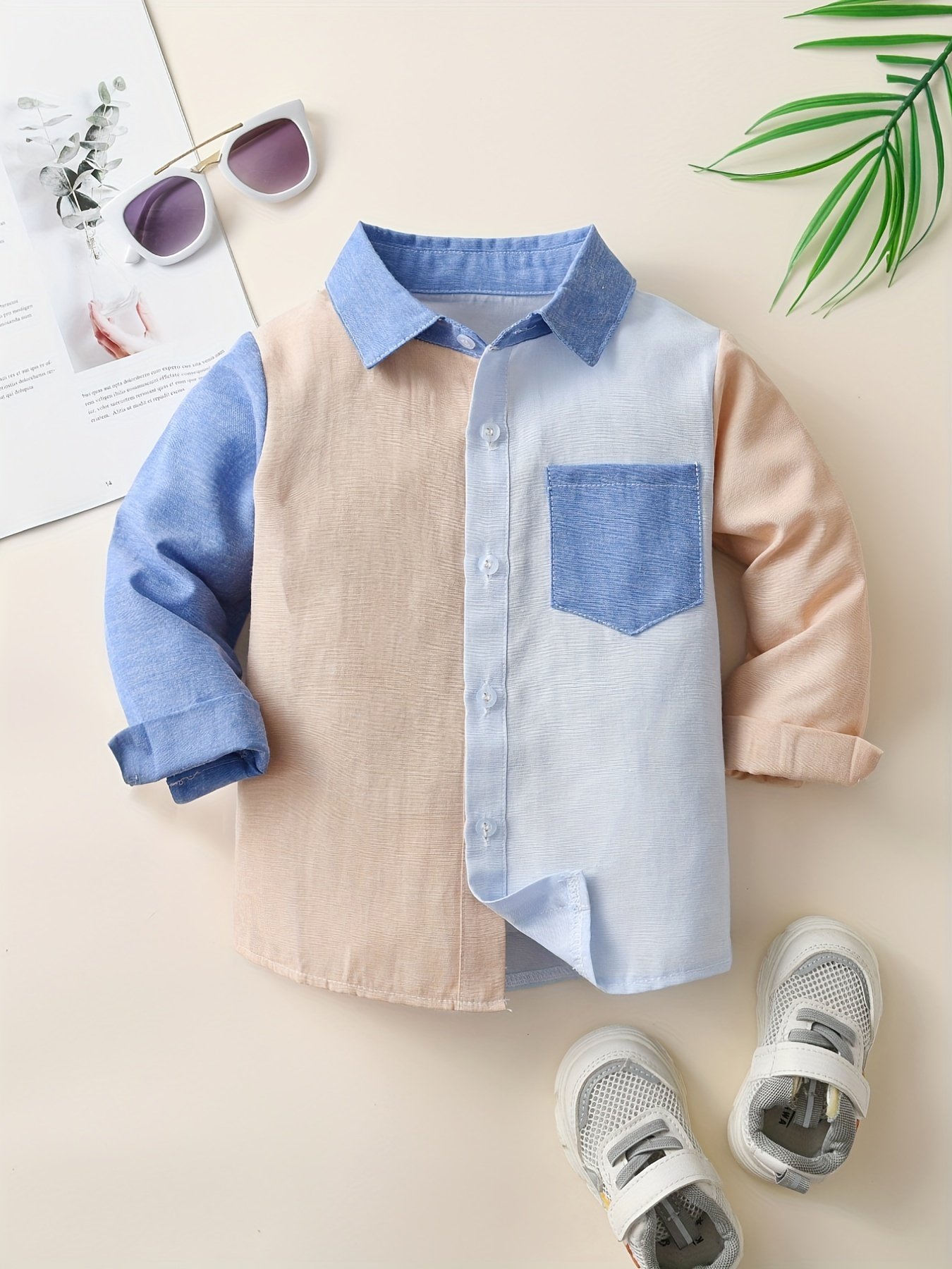 Stylish Boys' Color Block Long Sleeve Button Down Shirt - Casual Lapel Design, Breathable Fabric, Relaxed Fit, Perfect for School, Party, or Everyday Wear - Image 2