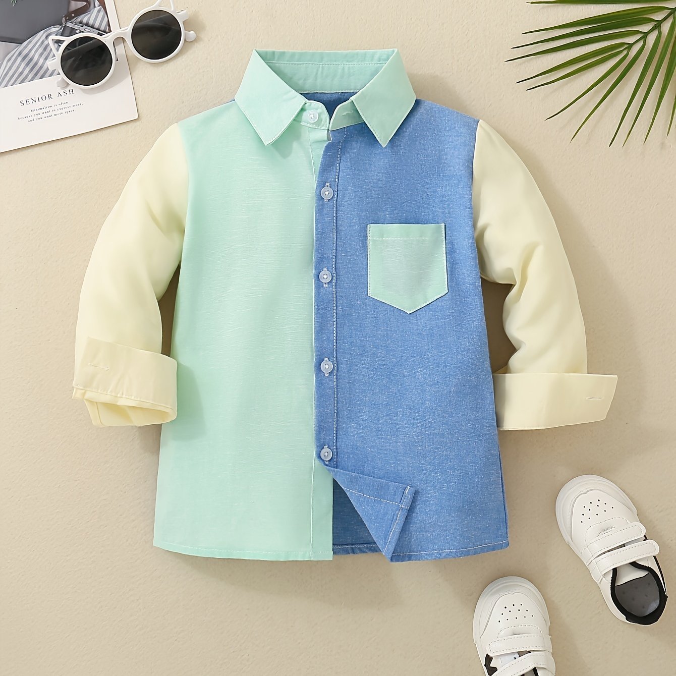 Stylish Boys' Color Block Long Sleeve Button Down Shirt - Casual Lapel Design, Breathable Fabric, Relaxed Fit, Perfect for School, Party, or Everyday Wear - Image 13